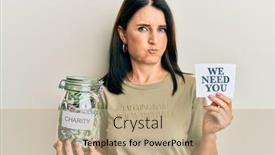  Presentation with charity - Audience pleasing PPT layouts consisting of middle-age-brunette-woman-holding backdrop and a coral colored foreground