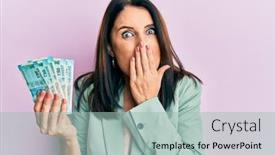  Presentation with indian woman - Cool new slide deck with middle-age-brunette-woman-holding backdrop and a mint green colored foreground