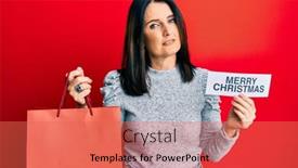  Presentation with merry christmas - Cool new theme with middle-age-brunette-woman-holding backdrop and a coral colored foreground