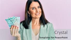  Presentation with indian woman - PPT theme with middle-age-brunette-woman-holding background and a mint green colored foreground