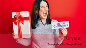  Presentation with merry christmas - Cool new PPT layouts with middle-age-brunette-woman-holding backdrop and a red colored foreground
