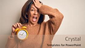  Presentation with clasic - Cool new PPT theme with middle-age-brunette-woman-holding backdrop and a coral colored foreground