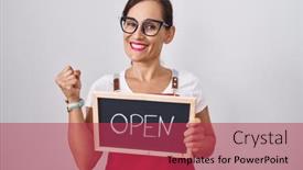 Presentation with victory - PPT theme featuring middle-age-brunette-woman-holding background and a red colored foreground
