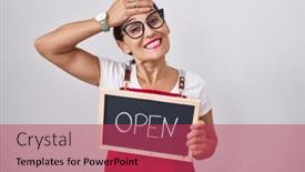  Presentation with stressed - Presentation design consisting of middle-age-brunette-woman-holding background and a red colored foreground