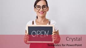  Presentation with teeth - PPT theme enhanced with middle-age-brunette-woman-holding background and a red colored foreground