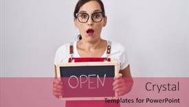  Presentation with mouth - Presentation design enhanced with middle-age-brunette-woman-holding and a red colored foreground