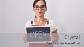  Presentation with attitude - PPT layouts with middle-age-brunette-woman-holding and a light gray colored foreground