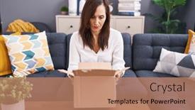  Presentation with negative - Presentation design featuring middle-age-brunette-woman-opening background and a  colored foreground