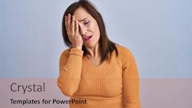  Presentation with face pain - Presentation design having middle-age-brunette-woman-standing background and a  colored foreground