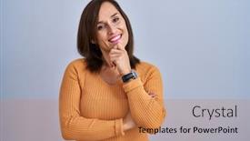  Presentation with question - PPT theme featuring middle-age-brunette-woman-standing background and a coral colored foreground