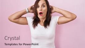  Presentation with woman hands open - Presentation design enhanced with middle-age-brunette-woman-standing background and a lemonade colored foreground