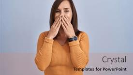  Presentation with scandal - PPT theme with middle-age-brunette-woman-standing background and a coral colored foreground