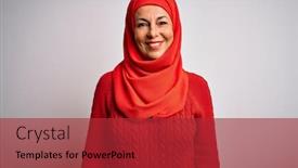  Presentation with woman muslim - Colorful presentation theme enhanced with middle-age-brunette-woman-wearing backdrop and a red colored foreground