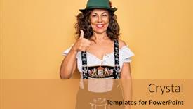  Presentation with oktoberfest - Amazing PPT theme having middle-age-brunette-woman-wearing backdrop and a yellow colored foreground