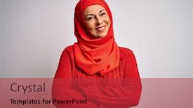  Presentation with middle east camel caravan - Presentation design featuring middle-age-brunette-woman-wearing background and a red colored foreground