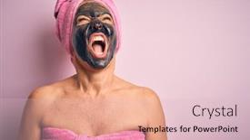  Presentation with pink beauty - PPT theme consisting of middle-age-brunette-woman-wearing background and a lemonade colored foreground