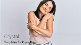  Presentation with self care - Slide deck having middle-age-brunette-woman-wearing background and a light gray colored foreground