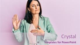  Presentation with hand palm - Cool new theme with middle-age-brunette-woman-wearing backdrop and a lemonade colored foreground