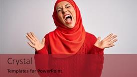  Presentation with woman muslim - Audience pleasing PPT theme consisting of middle-age-brunette-woman-wearing backdrop and a crimson colored foreground