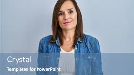  Presentation with denim - Slide deck having middle-age-brunette-woman-wearing background and a  colored foreground