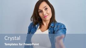  Presentation with business casual - Slide set enhanced with middle-age-brunette-woman-wearing background and a  colored foreground