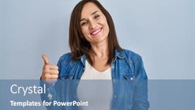  Presentation with denim - PPT theme featuring middle-age-brunette-woman-wearing background and a ocean colored foreground