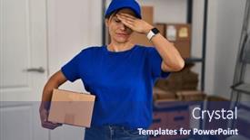  Presentation with sad woman - Presentation theme having middle-age-brunette-woman-working background and a  colored foreground