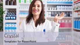  Presentation with hand palm - Theme enhanced with middle-age-brunette-woman-working background and a light gray colored foreground