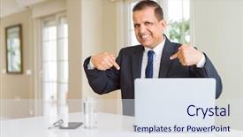  Presentation with working - PPT theme featuring middle age business man working background and a sky blue colored foreground