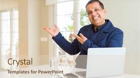  Presentation with working - Audience pleasing PPT theme consisting of middle age business man working backdrop and a  colored foreground