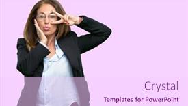  Presentation with kiss - Presentation theme enhanced with middle age business woman looking at camera through her fingers in victory gesture winking the eye and blowing a kiss background and a white colored foreground