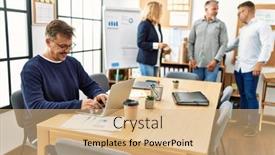  Presentation with working - Presentation theme having middle-age-business-worker-smiling background and a coral colored foreground