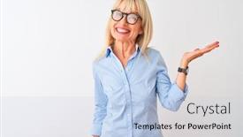  Presentation with hand palm - Presentation design consisting of middle-age-businesswoman-wearing-elegant background and a light blue colored foreground