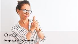  Presentation with weapons - Cool new slide set with middle age businesswoman wearing striped dress and glasses over isolated white background holding symbolic gun with hand gesture playing killing shooting weapons angry face backdrop and a lemonade colored foreground