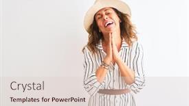  Presentation with praying hands - Presentation theme consisting of middle age businesswoman wearing striped dress and hat over isolated white background begging and praying with hands together with hope expression on face very emotional and worried asking background and a lemonade colored foreground