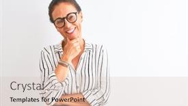  Presentation with thinking - Slide deck enhanced with middle-age-businesswoman-wearing-striped background and a soft green colored foreground