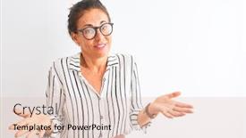  Presentation with idea - PPT theme consisting of middle-age-businesswoman-wearing-striped background and a lemonade colored foreground