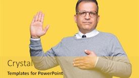  Presentation with bussines - Slides enhanced with middle age bussines arab man wearing glasses over isolated background swearing with hand on chest and open palm making a loyalty promise oath background and a yellow colored foreground