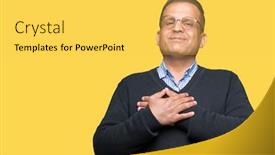  Presentation with bussines - Cool new PPT theme with middle age bussines arab man wearing glasses over isolated background smiling with hands on chest with closed eyes and grateful gesture on face health concept backdrop and a yellow colored foreground