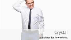  Presentation with bussines - PPT theme consisting of middle age bussines arab man wearing glasses over isolated background confuse and wonder about question uncertain with doubt thinking with hand on head pensive concept background and a white colored foreground