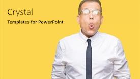  Presentation with bussines - Colorful slide set enhanced with middle age bussines arab man wearing glasses over isolated background making fish face with lips crazy and comical gesture funny expression backdrop and a yellow colored foreground