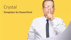  Presentation with bussines - Presentation design featuring middle age bussines arab man wearing glasses over isolated background asking to be quiet with finger on lips silence and secret concept background and a yellow colored foreground