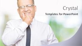  Presentation with bussines - Presentation design with middle age bussines arab man wearing glasses over isolated background looking confident at the camera with smile with crossed arms and hand raised on chin thinking positive background and a sky blue colored foreground