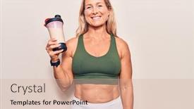 Presentation with protein shake - PPT layouts enhanced with middle-age-caucasian-blonde-woman background and a lemonade colored foreground