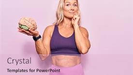  Presentation with brain thinking - PPT layouts with middle-age-caucasian-blonde-woman background and a lemonade colored foreground