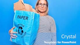  Presentation with recycling paper - PPT theme enhanced with middle-age-caucasian-blonde-woman background and a teal colored foreground