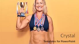  Presentation with trophy - Presentation design featuring middle-age-caucasian-blonde-woman background and a yellow colored foreground