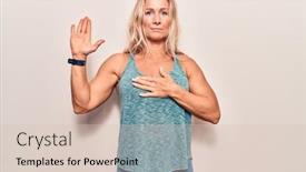  Presentation with hand palm - Slide deck consisting of middle-age-caucasian-blonde-woman background and a soft green colored foreground