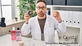  Presentation with denture - PPT layouts enhanced with middle-age-caucasian-dentist-man background and a light gray colored foreground