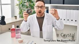  Presentation with denture - Presentation theme featuring middle-age-caucasian-dentist-man background and a light gray colored foreground